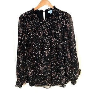 CeCe Black Metallic Gold Smocked Chiffon Dressy Office Blouse Top 1X XL